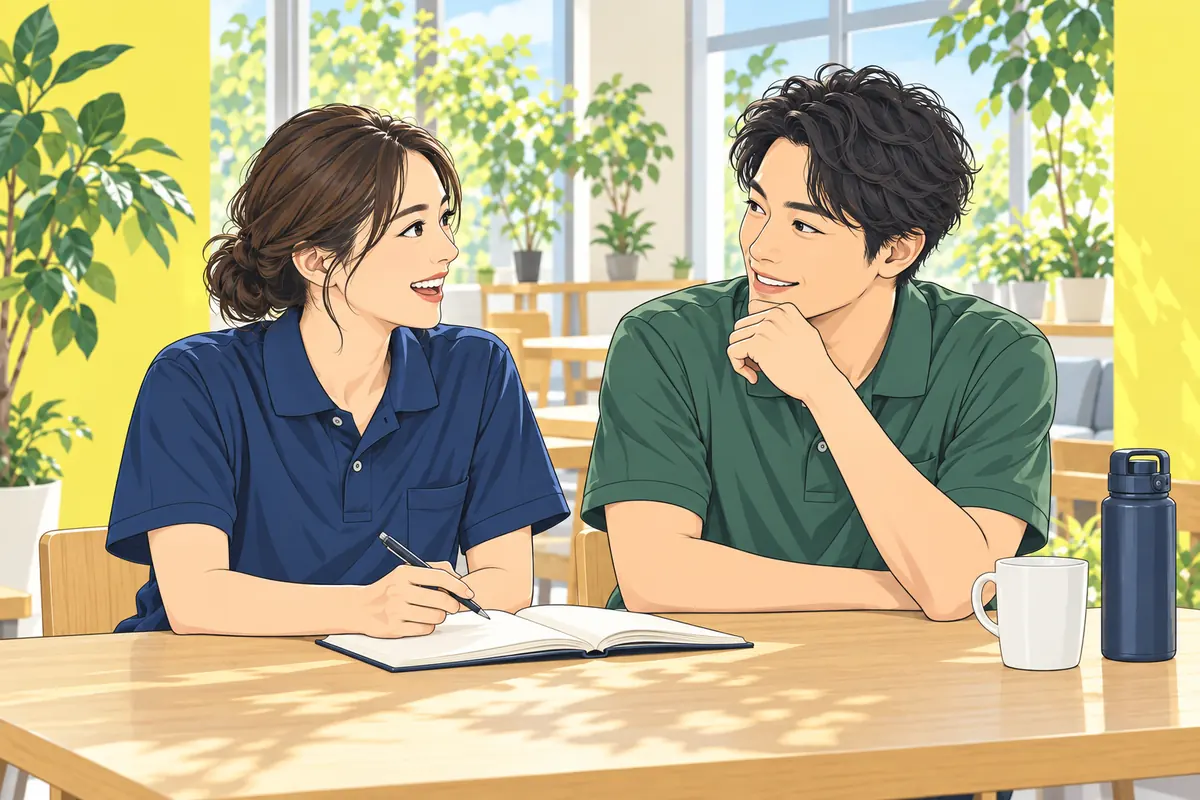 休憩室でノートを囲み、働き方について話す介護職員のイラスト
